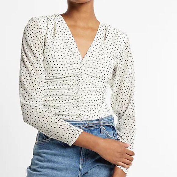 Express Polka Dot Blouse M V-Neck Long Sleeve Ruched Front Top $68 - Picture 1 of 9